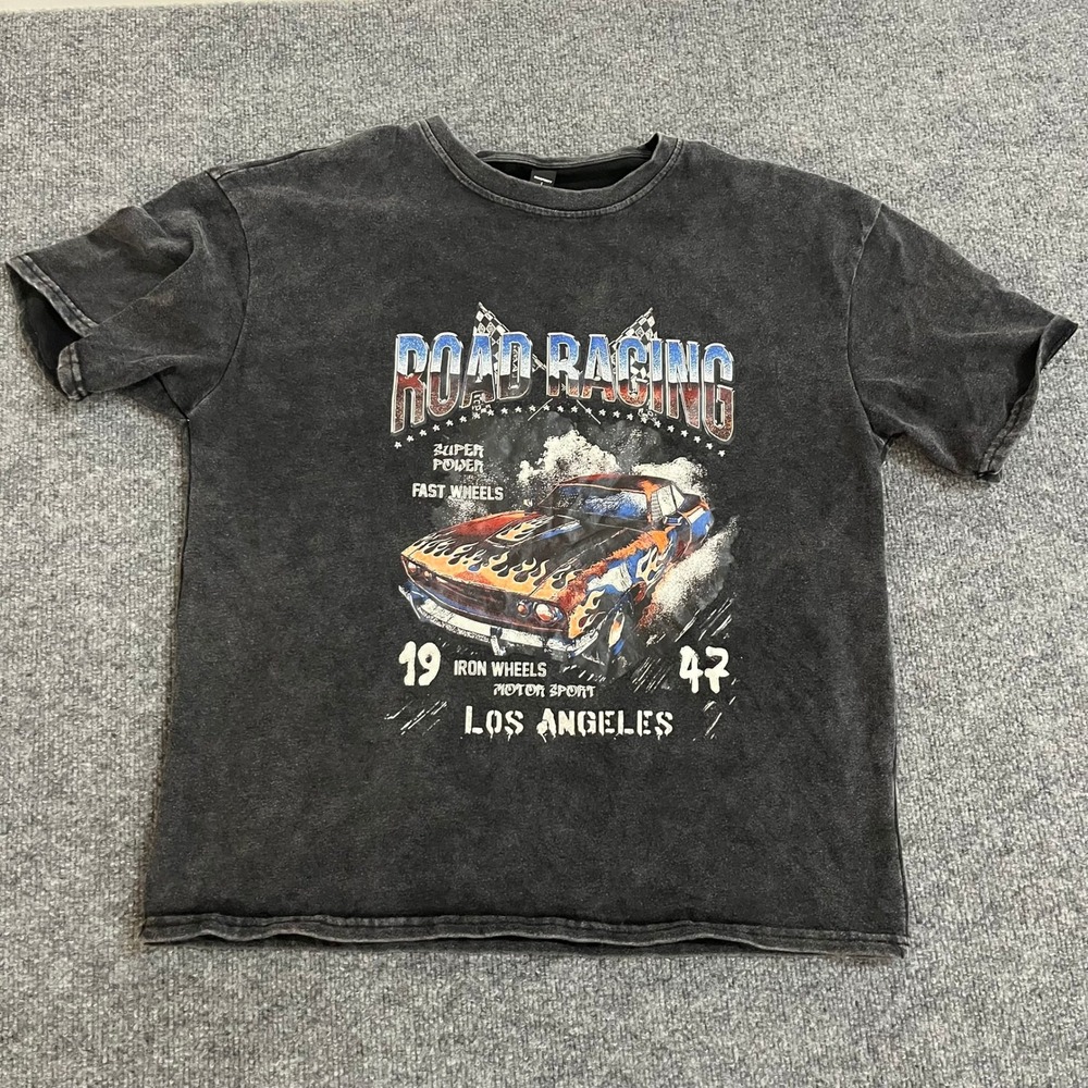 Manfinity T-Shirt Mens Size L Black Road Racing Graphic Vintage Wash Streetwear